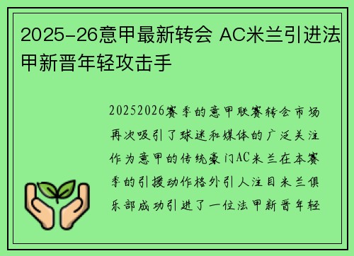 2025-26意甲最新转会 AC米兰引进法甲新晋年轻攻击手