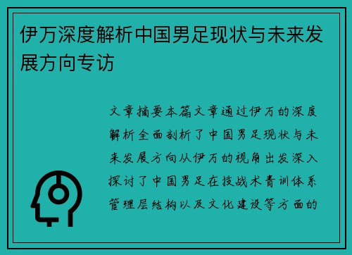 伊万深度解析中国男足现状与未来发展方向专访